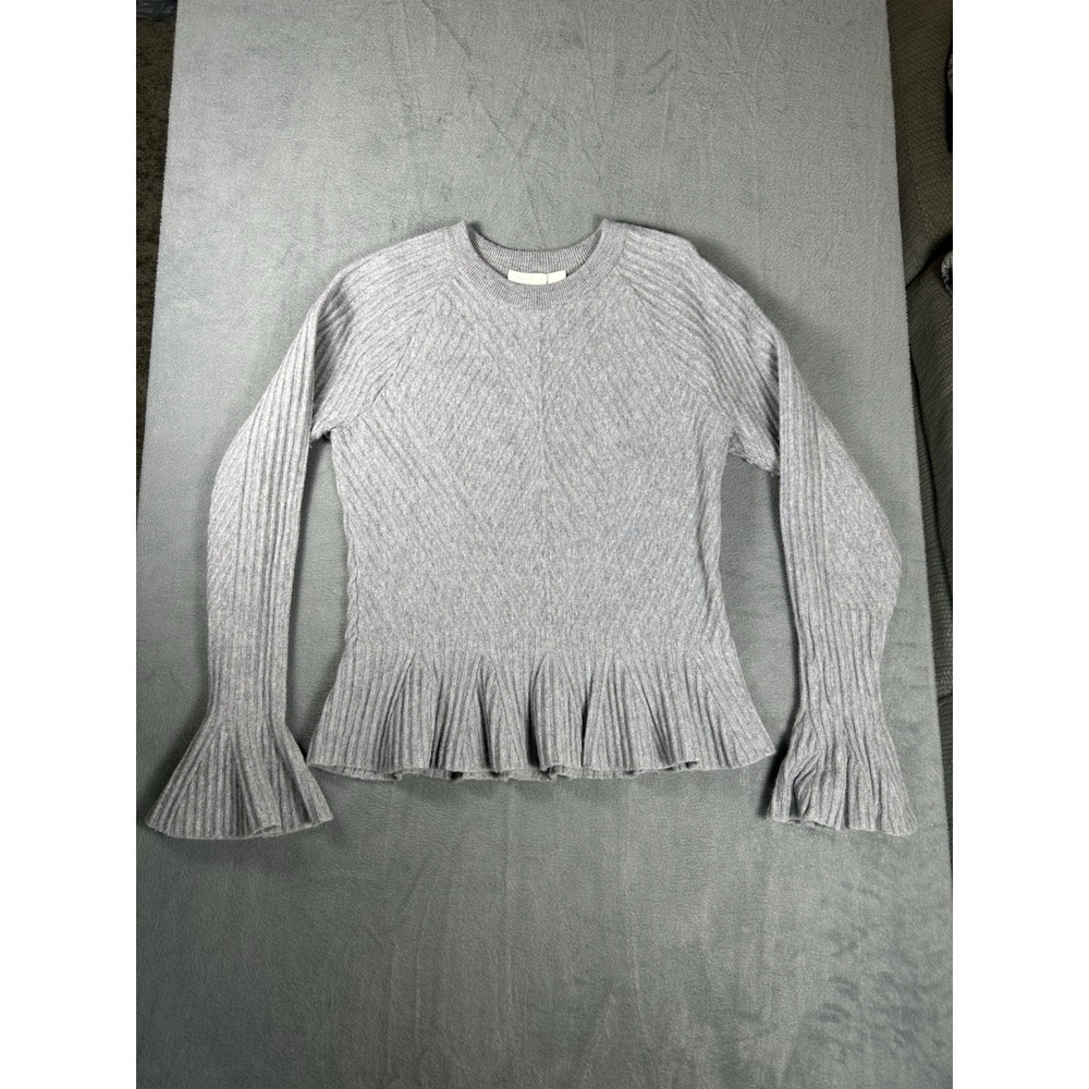 Jonathan Simkhai Gray Ribbed Wool Cashmere Bell Sleeve Peplum Sweater Medium